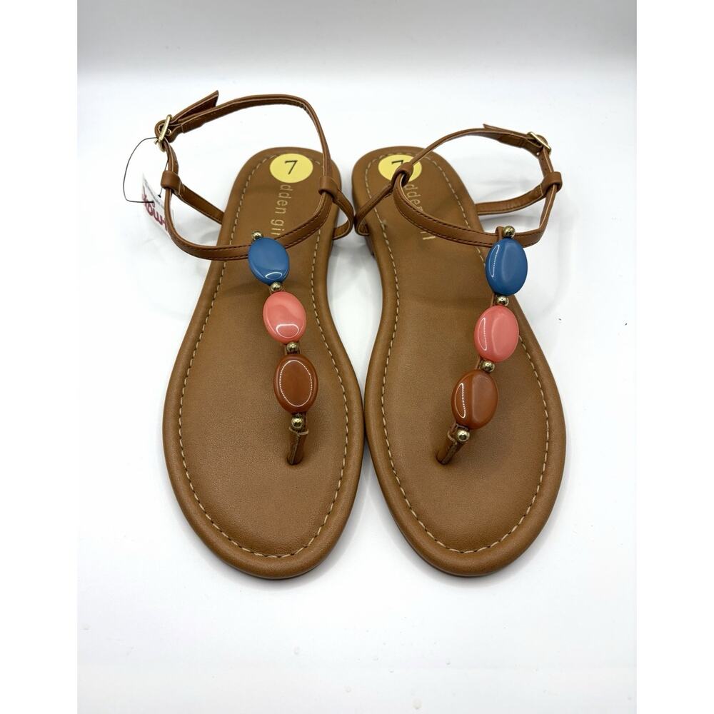 Madden Girl Beaded Sandals Womens Size 7 NWT Tan Ankle Strap Boho Flat Coastal - Picture 2 of 7